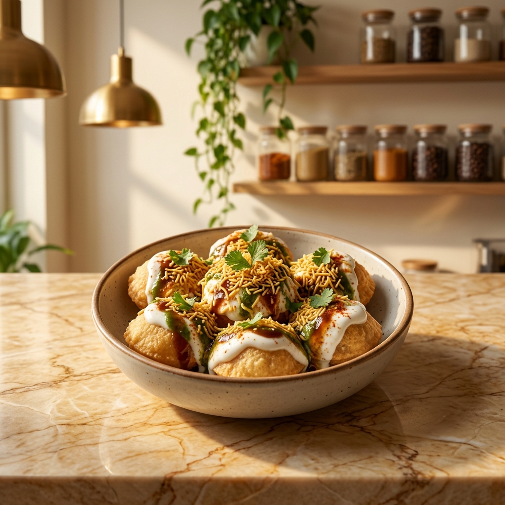 Crisp fuchka topped with cold yogurt, tamarind and a sweet-spice mix. Creamy, tangy and cooling all at once. A favourite for anyone who finds regular fuchka too sharp. Yogurt is kept properly chilled until it reaches your plate.