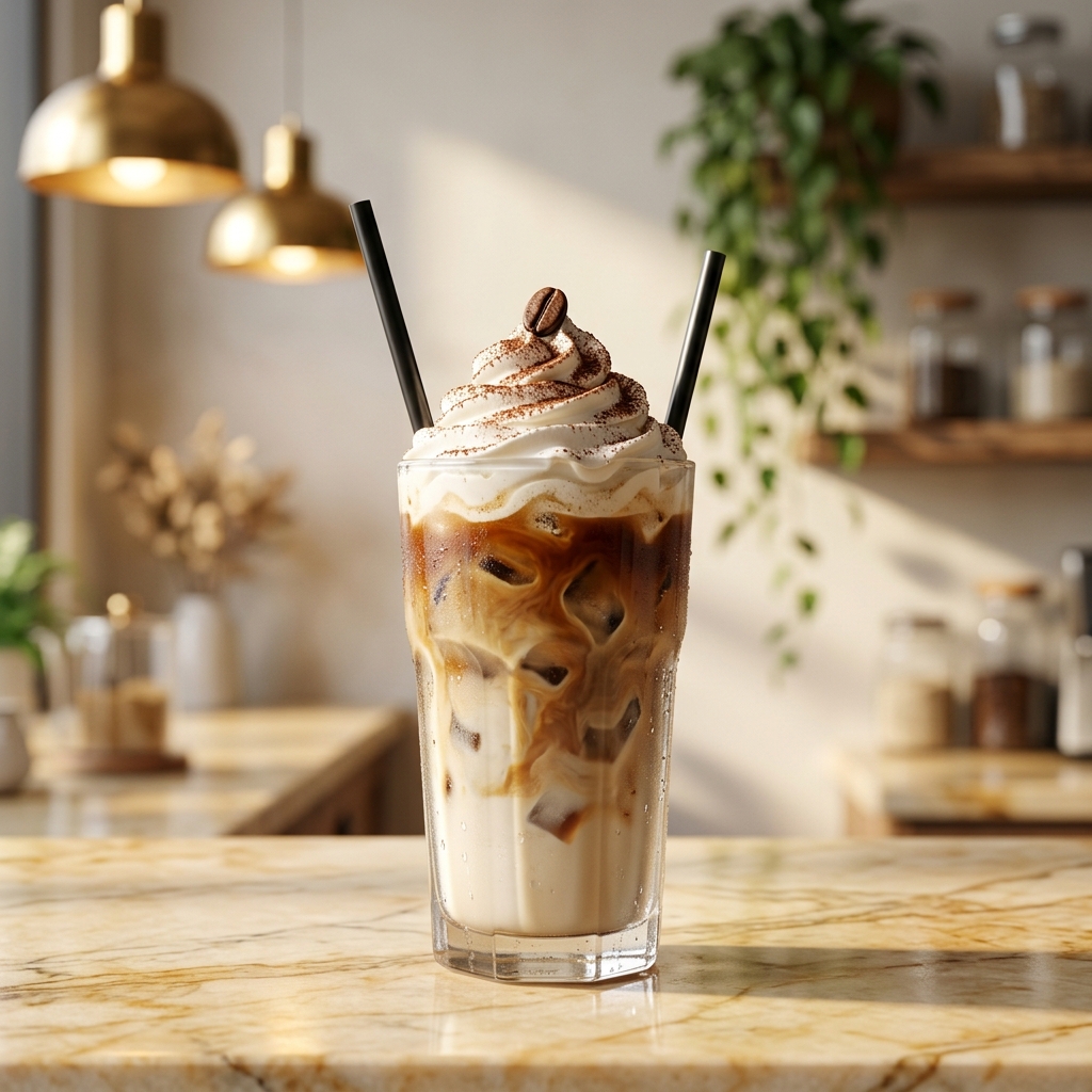 **Alt text:** Iced cold coffee in a tall glass with whipped cream, cocoa dusting and a coffee bean, on a marble counter